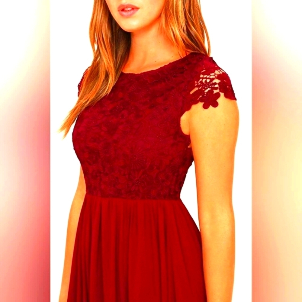 LULUS The Greatest Lace Maxi Dress Burgundy Crew Backless Cap Sleeves Sz SM NWT - Picture 4 of 15